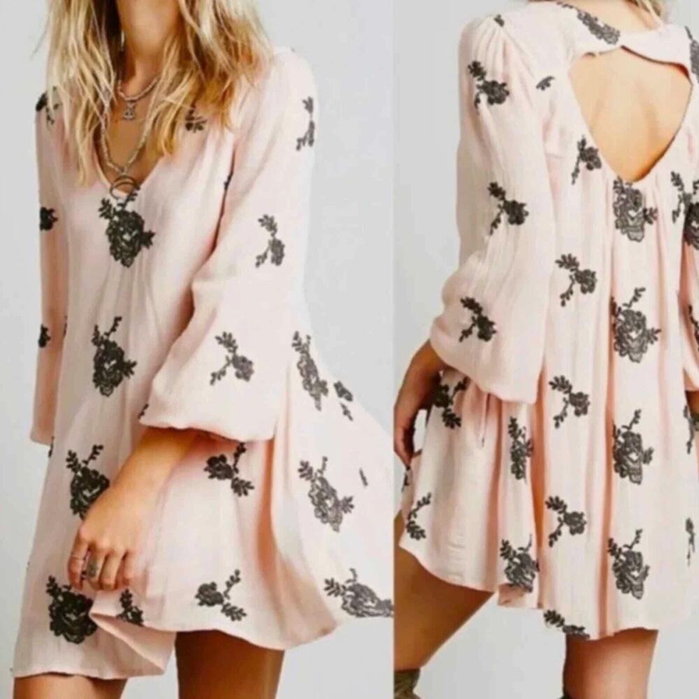 Free People Womens S Pink Gray Emma Embroidered Swing Tunic Mini Dress Boho
